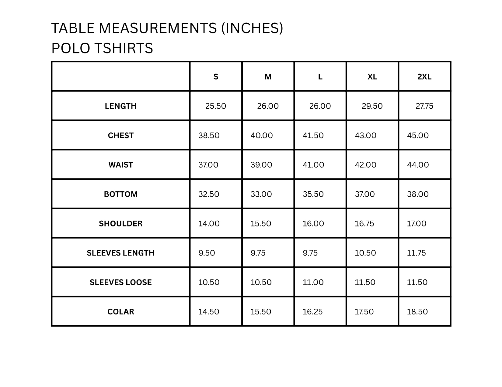 Size ChartPolo T-shirts